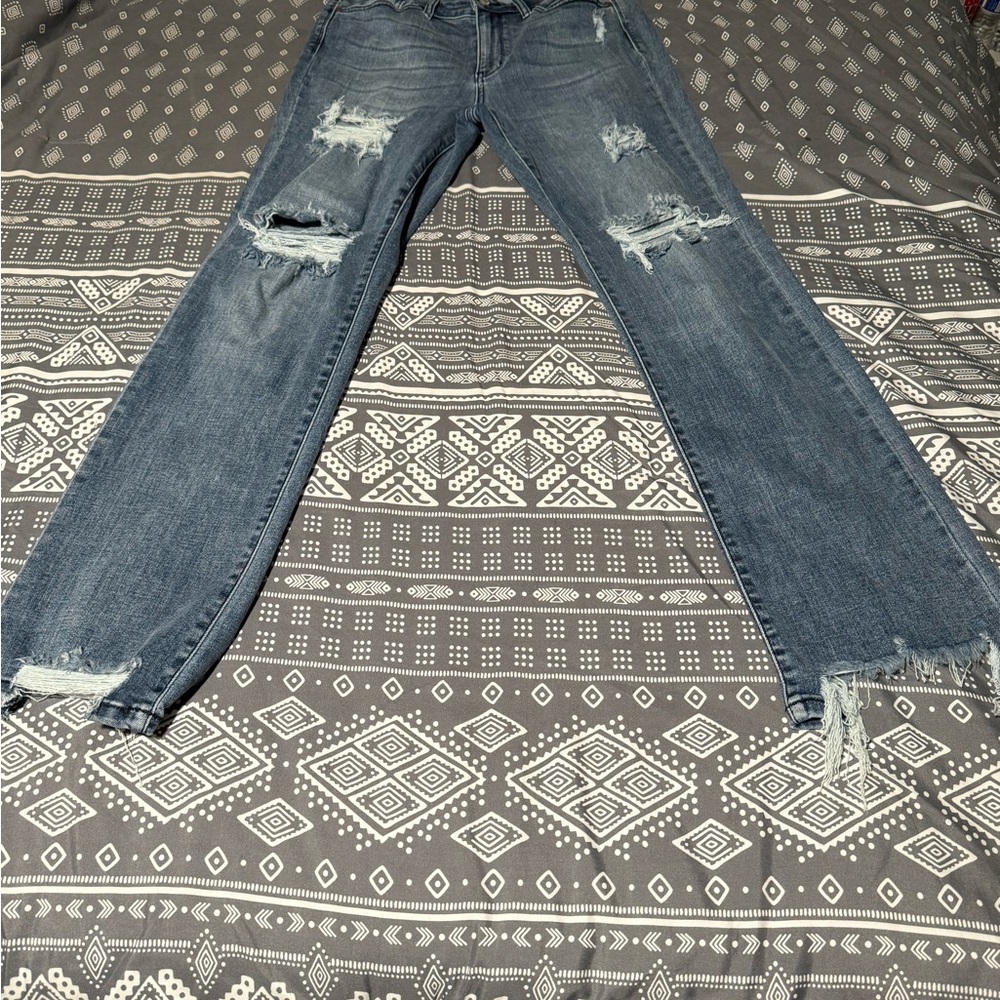 Judy Blue 90s Distressed Straight Leg Mid Rise Medium Wash Denim Size 11/30